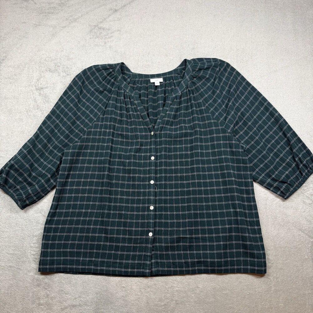 J. Jill Shirt Women's 2X Green Plaid Button Up V-Neck 3/4 Sleeve Dark Academia - Picture 3 of 10